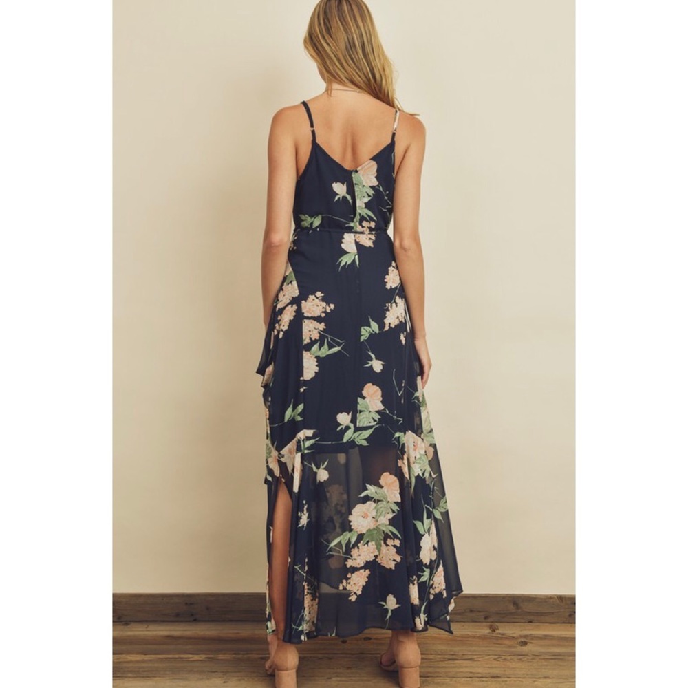 Navy floral flared hem wedding guest maxi dress - Picture 3 of 7